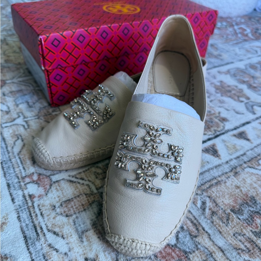 Tory Burch Ivory Leather Espadrilles with Crystal Logo